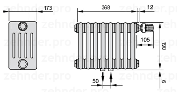 Схема (чертеж) Радиатор Zehnder Charleston 5019/8 №V008 Белый глянцевый RAL 9016